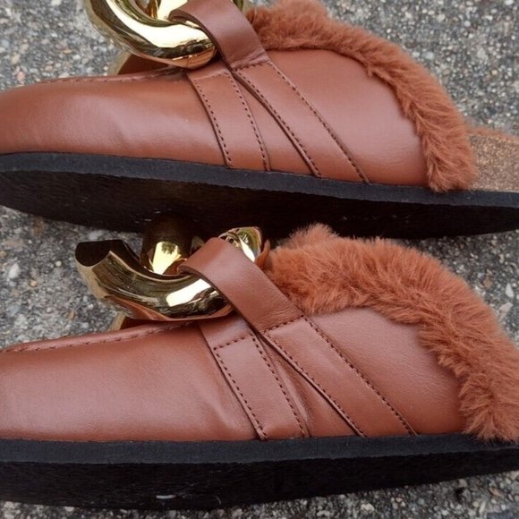 JW Anderson Leather Loafer Shearling Lined Gold Chain Brown Italy Size 6 NWOT - Picture 6 of 12